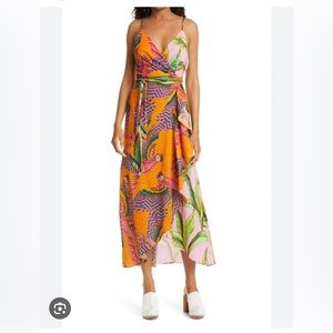 Farm Rio mixed prints midi dress - beaded macaws + pink foliage.